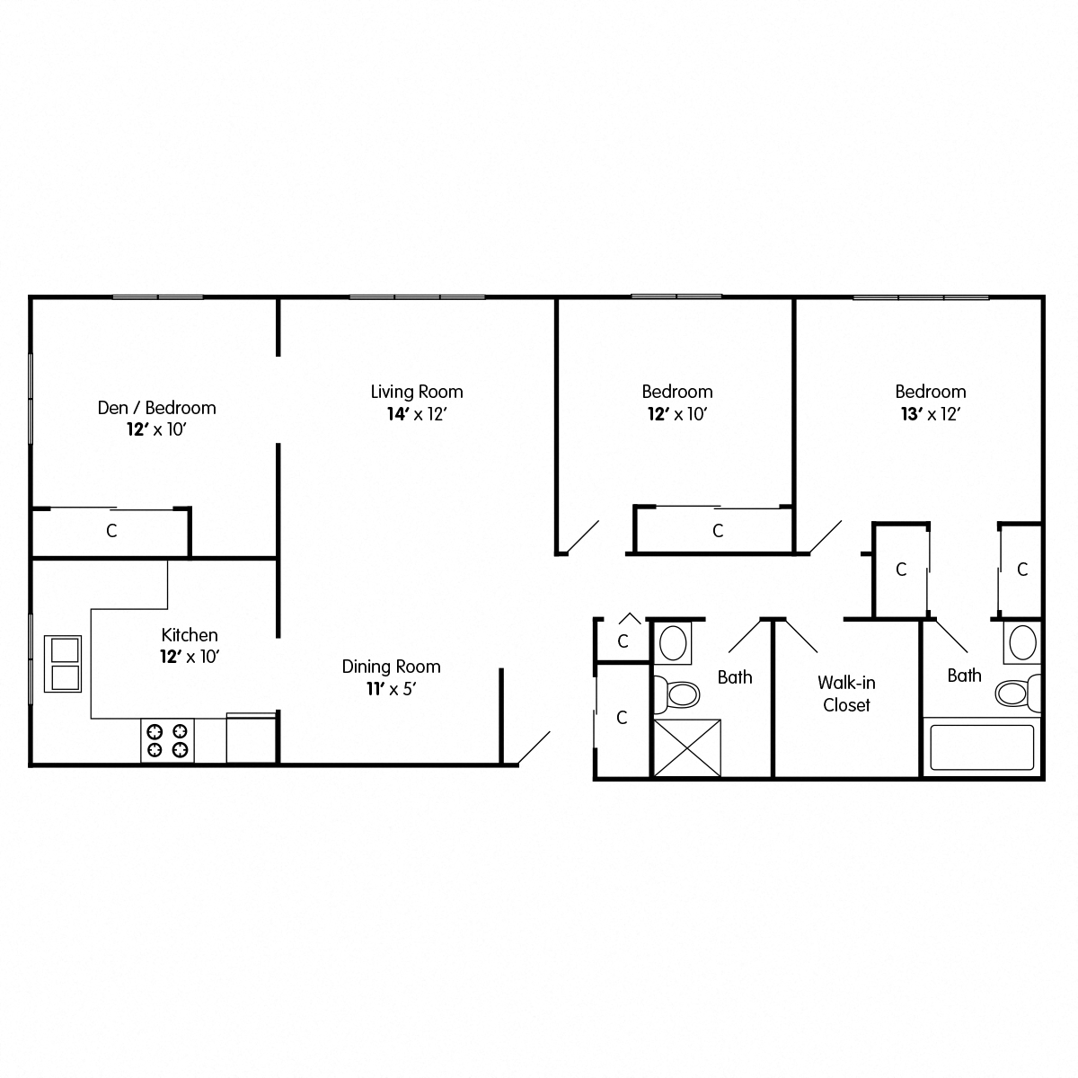 Floor plan for 2 beds, 2 baths, 1225 sqft